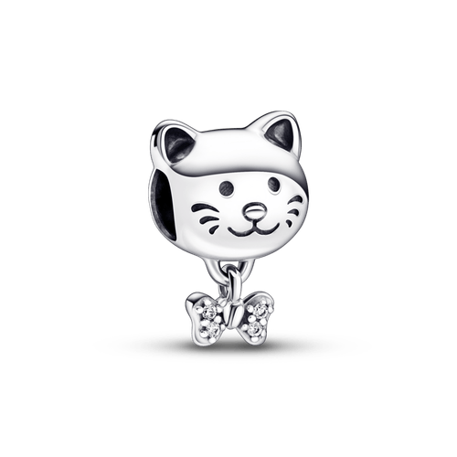 Charm Gato mascota y moño Pandora Plata Esterlina