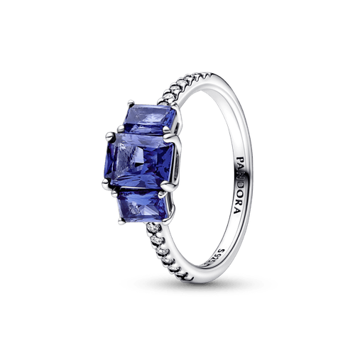 Anillo reluciente con tres piedras rectangulares azules Pandora Plata Esterlina