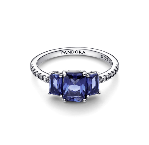 Anillo reluciente con tres piedras rectangulares azules Pandora Plata Esterlina