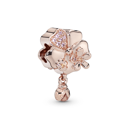 Charm Colgante De Pavé Flor Y Mariquita Recubrimiento en Oro Rosa de 14k