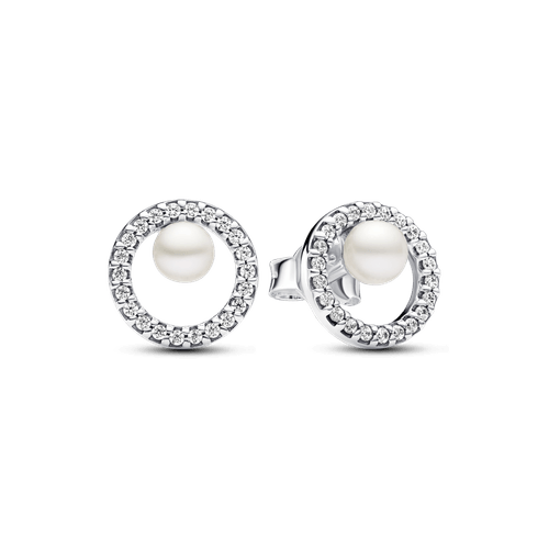 Aros de Botón Perla Cultivada de Agua Dulce Tratada y Halo de Pavé
