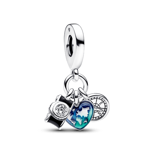 Charm Colgante Triple Cámara, Corazón y Brújula
