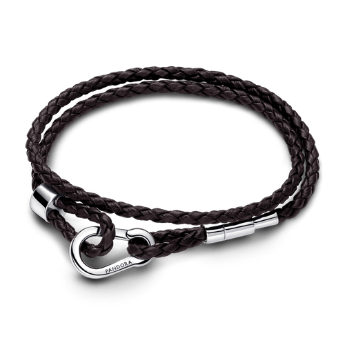 Brazalete Pandora Moments en Cuero Trenzado Doble Marrón