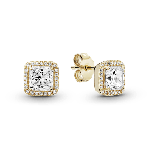 Aros de botón Oro 14K cuadrados con halo brillante