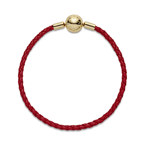 Brazalete De Piel Trenzada Roja Moments De Pandora Recubrimiento en Oro de 14k