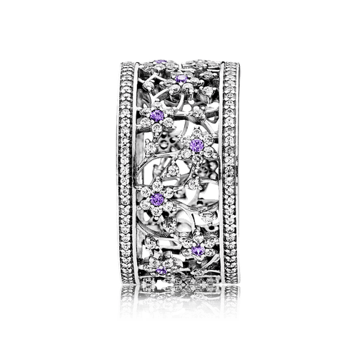 Anillo ancho No me olvides, cz morado y clara
