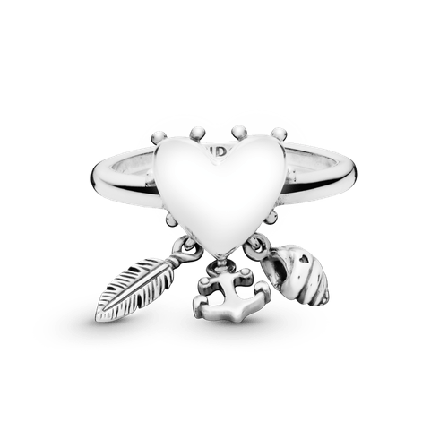 Anillo corazón con ancla, concha y pluma