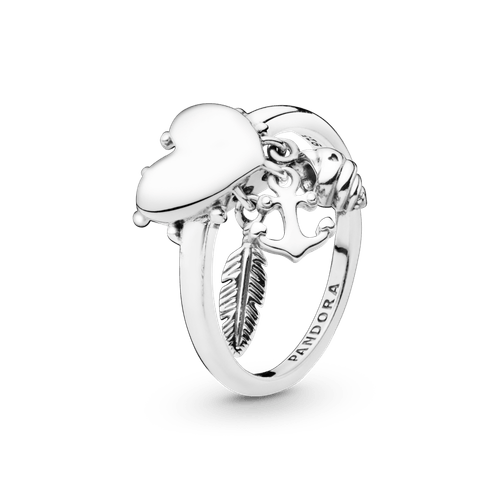 Anillo corazón con ancla, concha y pluma