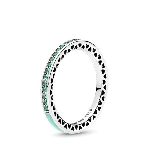Anillo Corazones radiantes, esmalte menta brillante y cristales verde real