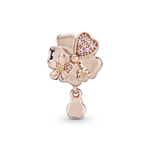 Charm Colgante De Pavé Flor Y Mariquita Recubrimiento en Oro Rosa de 14k