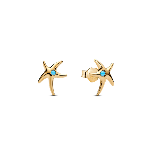 Aros de Botón Estrella de mar con recubrimiento en oro de 14k con cristal azul Capri
