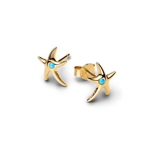 Aros de Botón Estrella de mar con recubrimiento en oro de 14k con cristal azul Capri