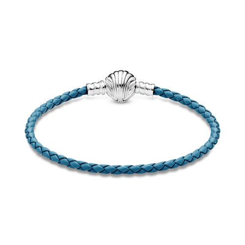 Brazalete Pandora Moments En Cuero Trenzado Turquesa Con Cierre De Concha
