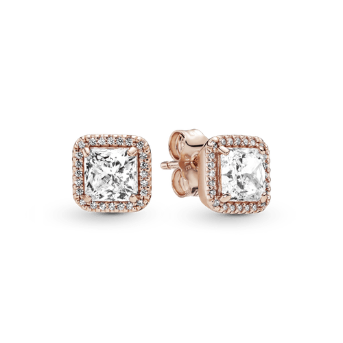 Aros de botón cuadrados con halo brillante Recubrimiento en Oro Rosa de 14k