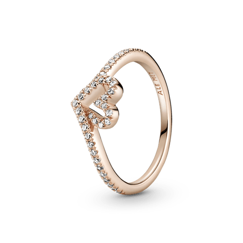 Anillo Hueso de los deseos con corazón reluciente Recubrimiento en Oro Rosa de 14k