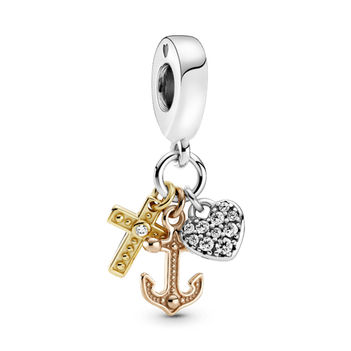 Charm Colgante De Tres Tonos Cruz, Corazón Y Ancla.