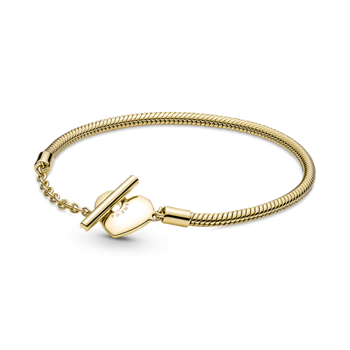 Brazalete Cadena De Serpiente Con Barra T Pandora Moments Con Corazón Recubrimiento En Oro 14k