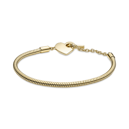 Brazalete Cadena De Serpiente Con Barra T Pandora Moments Con Corazón Recubrimiento En Oro 14k