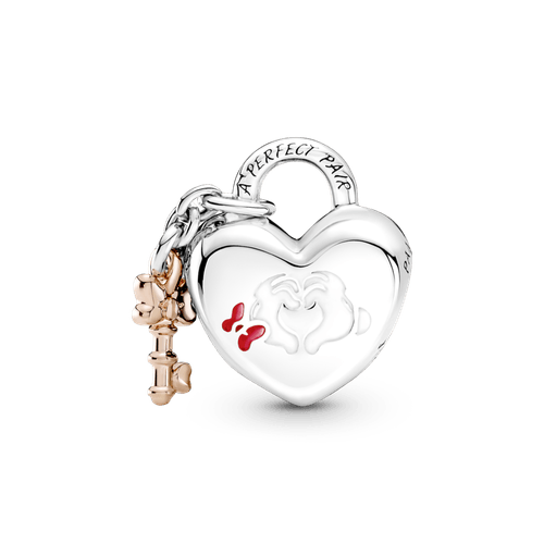 Charm Candado Con Mickey Mouse Y Minnie Mouse De Disney Recubrimiento En Oro Rosa 14k