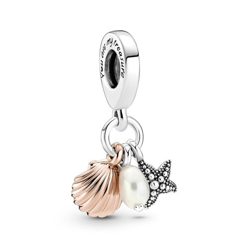 Charm Colgante Triple Perla Cultivada de Agua Dulce, estrella de mar y concha Recubrimiento en Oro Rosa 14k