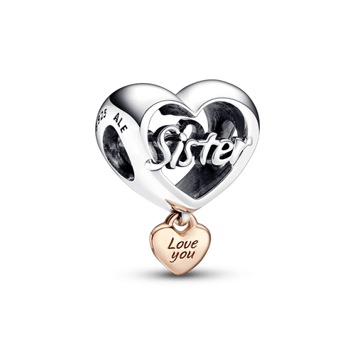 Charm Corazón Yo te amo hermana Recubrimiento en Oro Rosa de 14k | Pandora Plata Esterlina