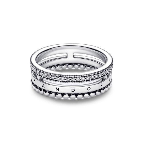 Anillo con pavé y abalorios con logotipo de Pandora Signature
