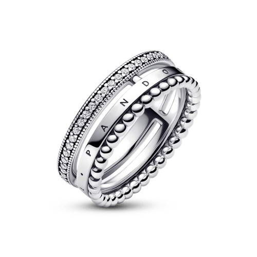 Anillo con pavé y abalorios con logotipo de Pandora Signature