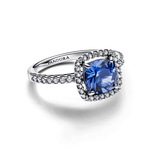Anillo Declaración Halo Cuadrado Azul Brillante