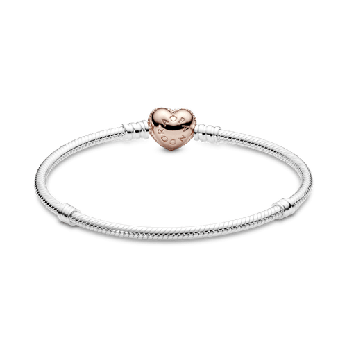 Brazalete Pandora Moments cadena de serpiente con broche brillante de corazón en Recubrimiento en Oro Rosa de 14k
