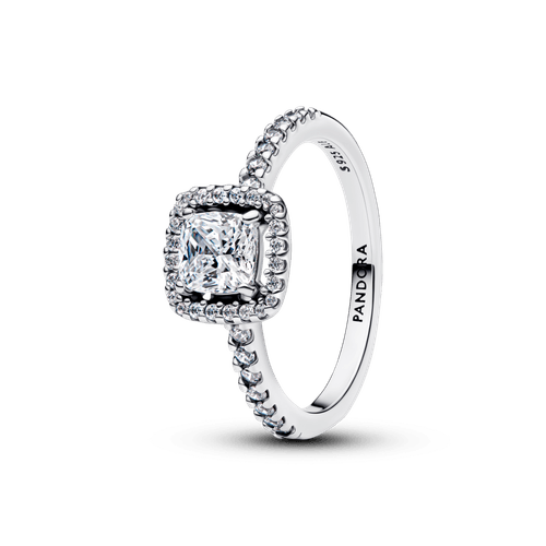 Anillo Halo Cuadrado Brillante Plateado
