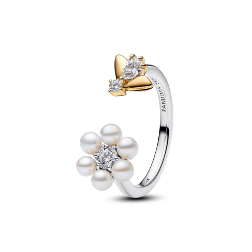 Anillo Abierto Abeja Bridgerton y Flor con Perla Culvada de Agua Dulce Tratada