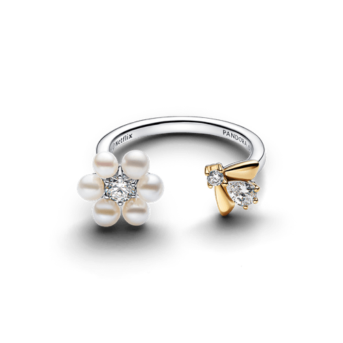 Anillo Abierto Abeja Bridgerton y Flor con Perla Culvada de Agua Dulce Tratada