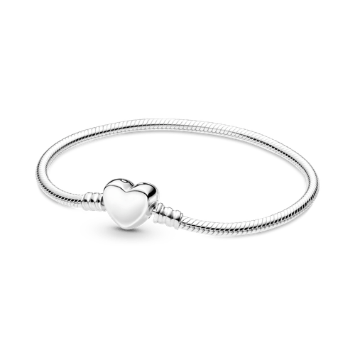 Brazalete Moments Grabable Diseño Cadena de Serpiente con cierre de Corazón Plateado